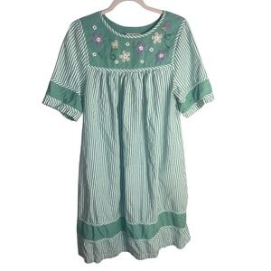 Vintage Go Softly Floral Bee Embroidered Dress Medium Green Striped Cottagecore